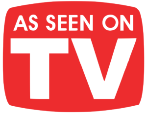 Red rounded badge with bold black text reading 'AS SEEN ON TV'