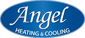 Angel Heating & Cooling logo on a blue oval with white script 'Angel' and 'HEATING & COOLING'
