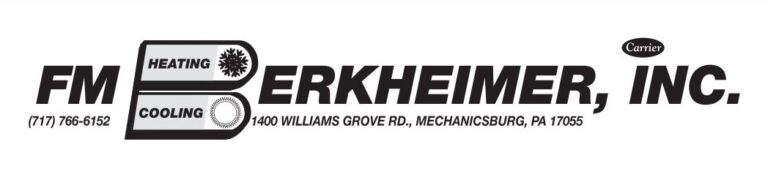 Brand logo for FM Berkheimer, Inc. — Heating and Cooling, with 'B' emblem and Carrier badge, address 1400 Williams Grove Rd., Mechanicsburg, PA 17055.