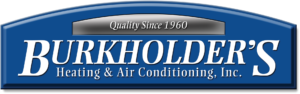 Blue curved company sign reading BURKHOLDER'S Heating & Air Conditioning, Inc., with a silver 'Quality Since 1960' banner at the top.