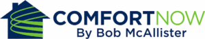 Comfort Now logo by Bob McAllister with a dark blue house outline and green spiral.