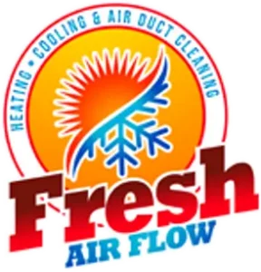 Fresh Air Flow logo featuring a sun and snowflake inside an orange circle, with red and blue text for Heating, Cooling & Air Duct Cleaning.