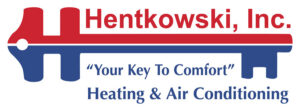 Logo for Hentkowski, Inc. featuring a red-and-blue key, with the slogan “Your Key To Comfort” and the text “Heating & Air Conditioning.”