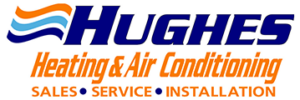 Hughes Heating & Air Conditioning logo with blue and orange text and the slogan Sales, Service, Installation