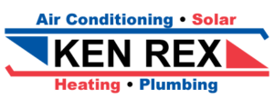 KEN REX logo for an HVAC and plumbing company, showing Air Conditioning and Solar on top, Heating and Plumbing on bottom with blue and red accents.