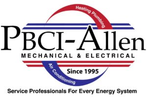 PBCI-Allen Mechanical & Electrical logo with arcs saying Heating, Plumbing, Air Conditioning; since 1995.