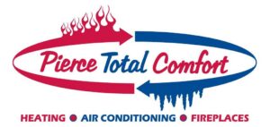Pierce Total Comfort logo with red and blue circular arrows and flame/icicle accents, listing heating, air conditioning, fireplaces.