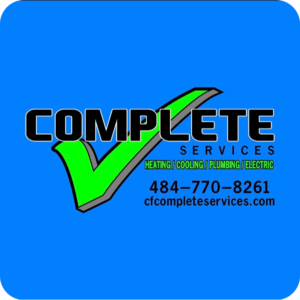 Complete Services logo with a green checkmark on a blue background; lists heating, cooling, plumbing, electric; 484-770-8261; cfcompleteservices.com.