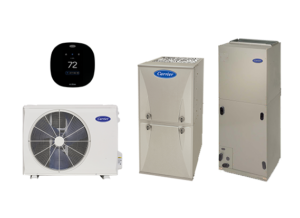 Carrier HVAC system: wall thermostat, outdoor condenser, air handler, and furnace for home heating and cooling.