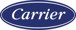 Carrier logo on a blue oval background with a white border and white script text