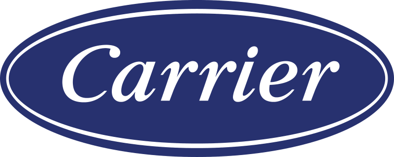 Carrier logo: white script text 'Carrier' on a dark blue oval with a double white border.