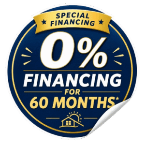 Circular blue promo badge reading '0% FINANCING FOR 60 MONTHS' with a yellow banner 'SPECIAL FINANCING' and a small house icon at the bottom.