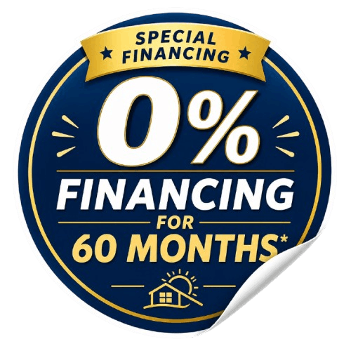 Circular blue promo badge reading '0% FINANCING FOR 60 MONTHS' with a yellow banner 'SPECIAL FINANCING' and a small house icon at the bottom.