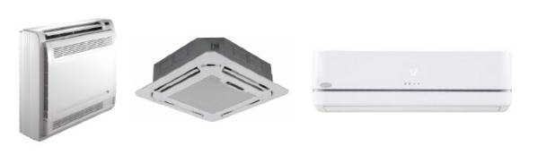Three air conditioning units: portable unit on the left, ceiling cassette in the center, and a wall-mounted indoor unit on the right.